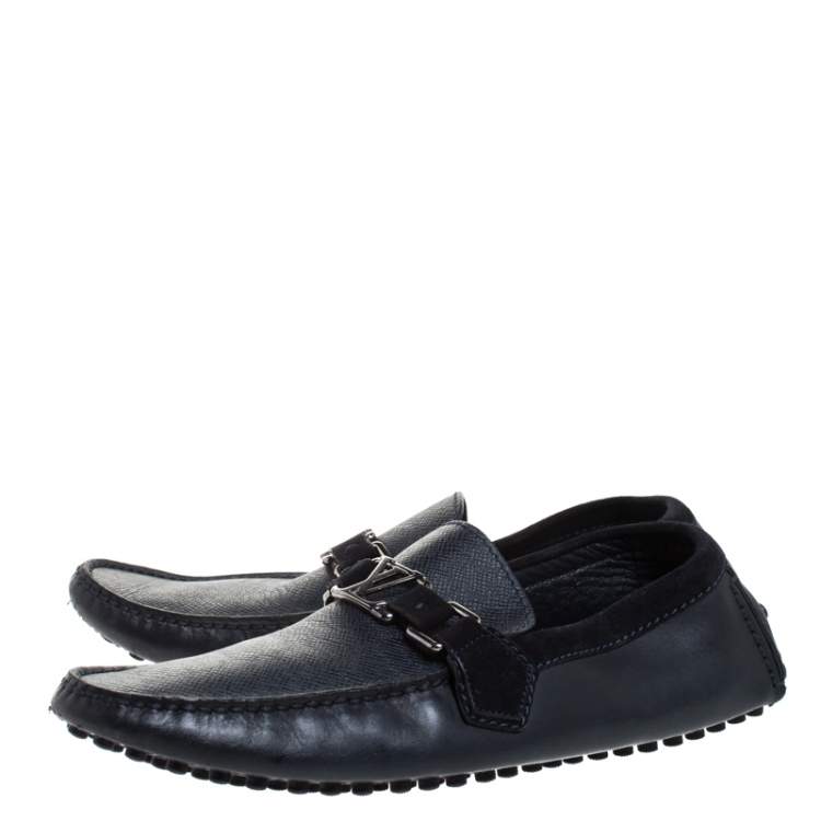 Pre Owned Louis Vuitton Blue Textured Leather And Suede Hockenheim Moccasins Size 40