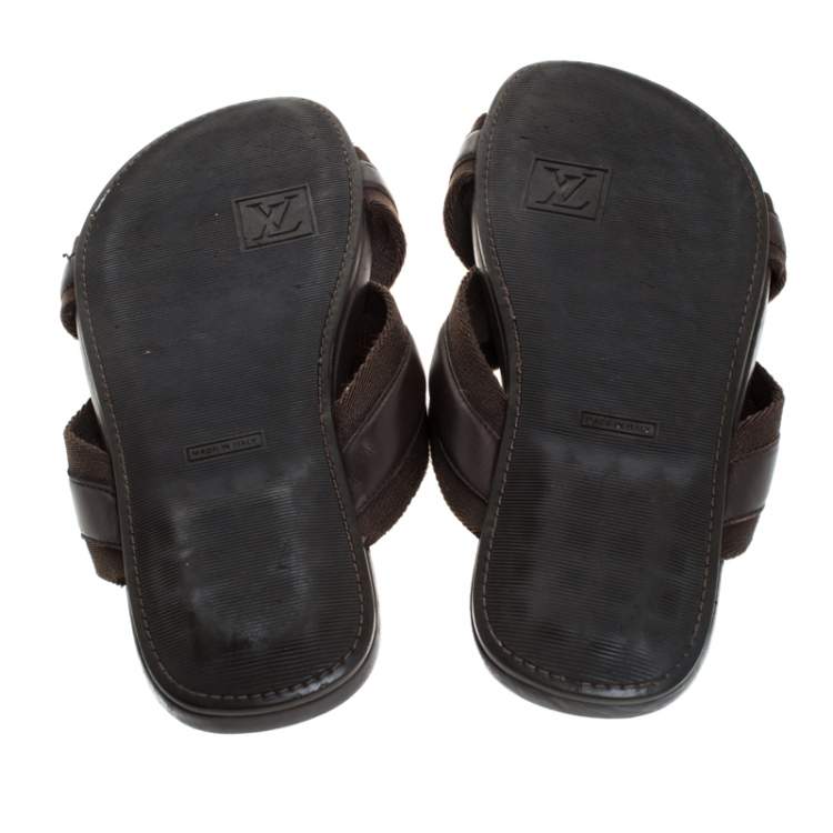 Pre Owned Louis Vuitton Brown Fabric And Leather Criss-Cross Flat Sandals Size 43.5
