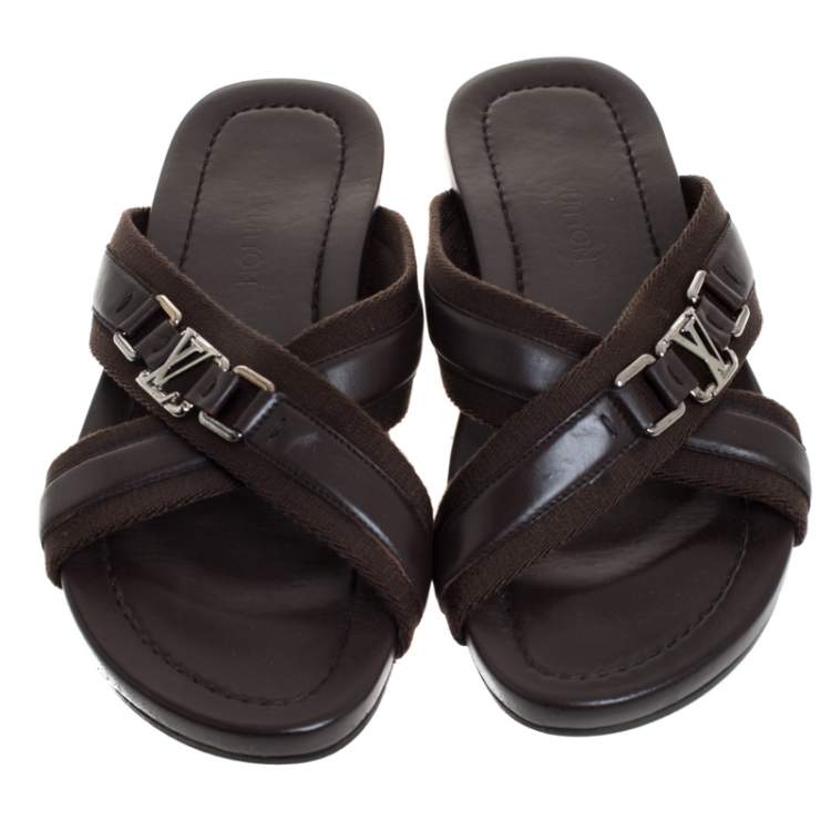 Pre Owned Louis Vuitton Brown Fabric And Leather Criss-Cross Flat Sandals Size 43.5