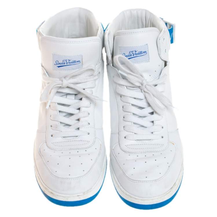 Pre Owned Louis Vuitton White/Blue Leather Rivoli High Top Sneakers Size 42