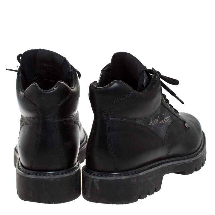 Pre Owned Louis Vuitton Black Leather And Damier Ebene Canvas Oberkampf High Top Boots Size 42