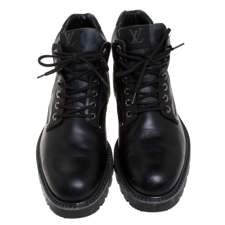 Pre Owned Louis Vuitton Black Leather And Damier Ebene Canvas Oberkampf High Top Boots Size 42