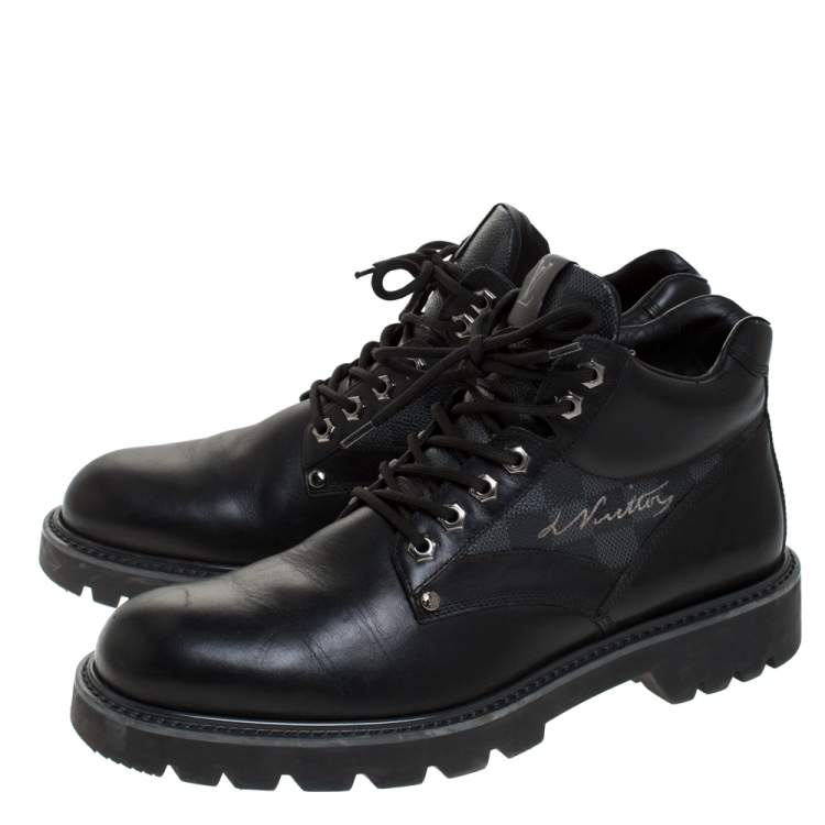 Pre Owned Louis Vuitton Black Leather And Damier Ebene Canvas Oberkampf High Top Boots Size 42