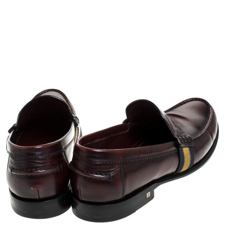Pre Owned Louis Vuitton Burgundy/Black Leather Web Detail Penny Loafers Size 42.5