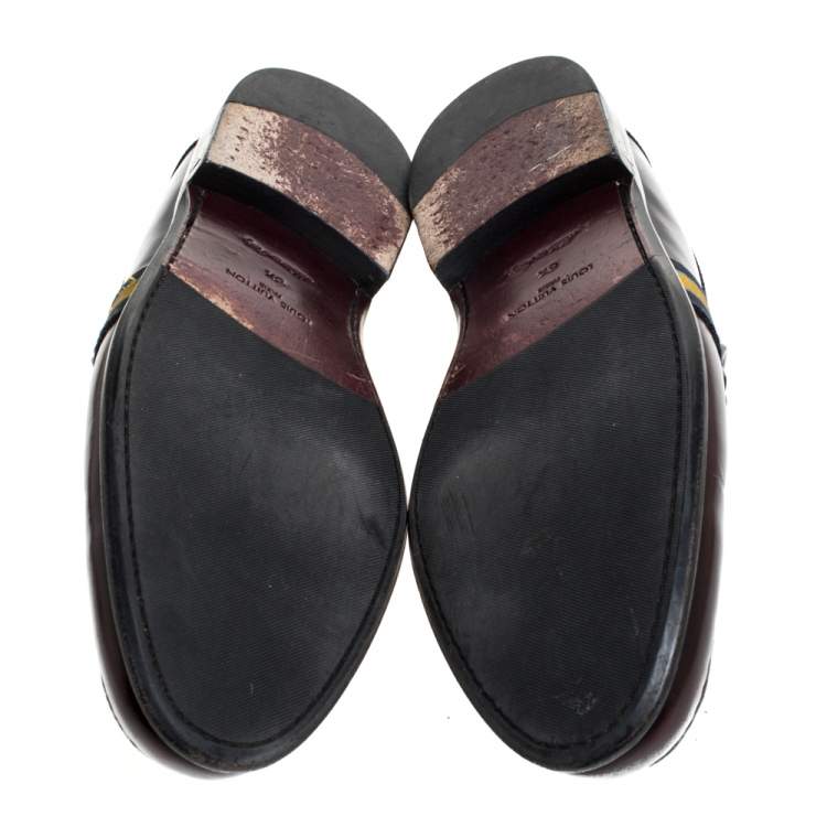 Pre Owned Louis Vuitton Burgundy/Black Leather Web Detail Penny Loafers Size 42.5