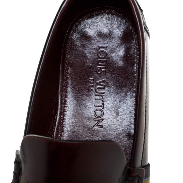 Pre Owned Louis Vuitton Burgundy/Black Leather Web Detail Penny Loafers Size 42.5