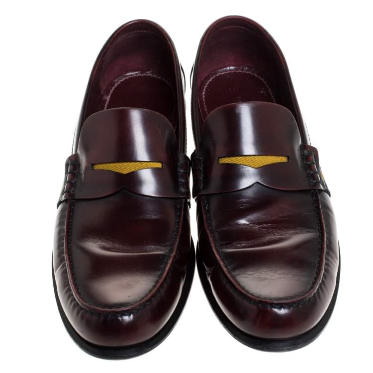 Pre Owned Louis Vuitton Burgundy/Black Leather Web Detail Penny Loafers Size 42.5
