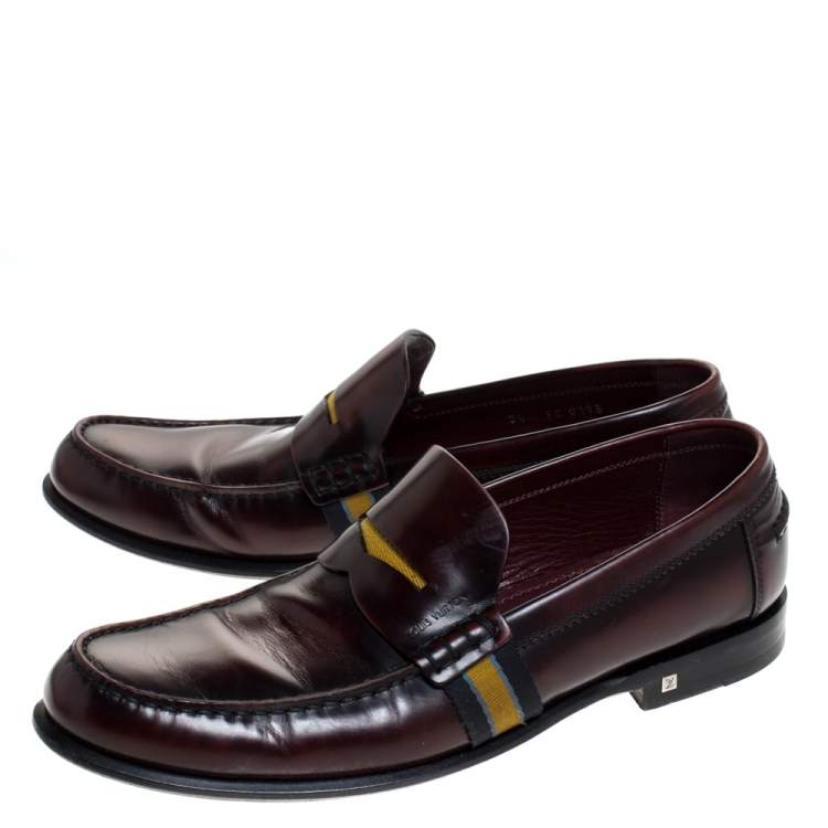 Pre Owned Louis Vuitton Burgundy/Black Leather Web Detail Penny Loafers Size 42.5