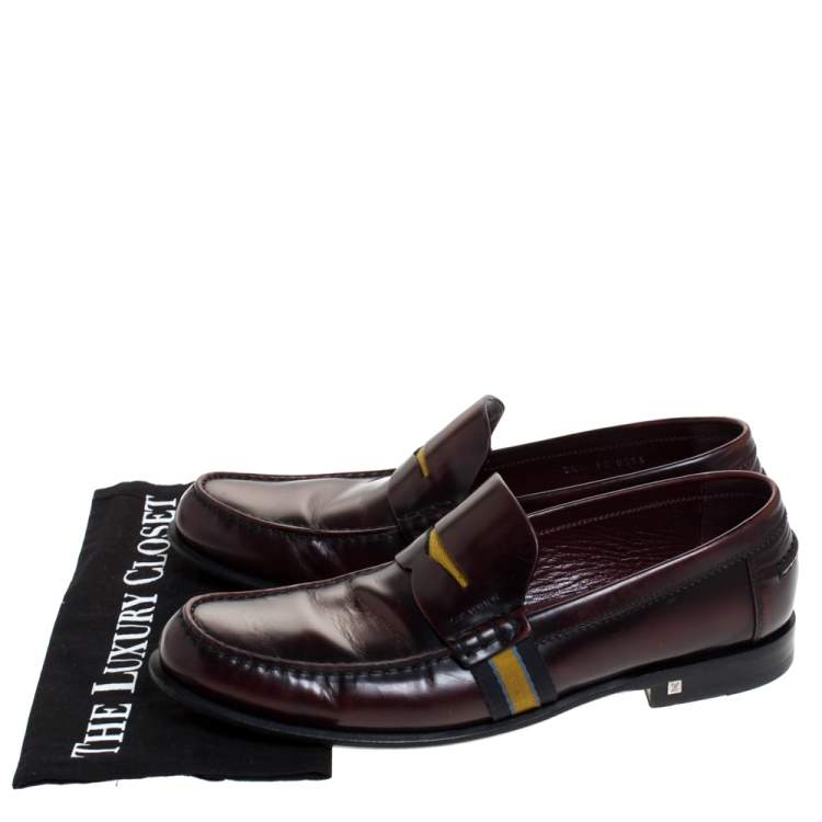 Pre Owned Louis Vuitton Burgundy/Black Leather Web Detail Penny Loafers Size 42.5