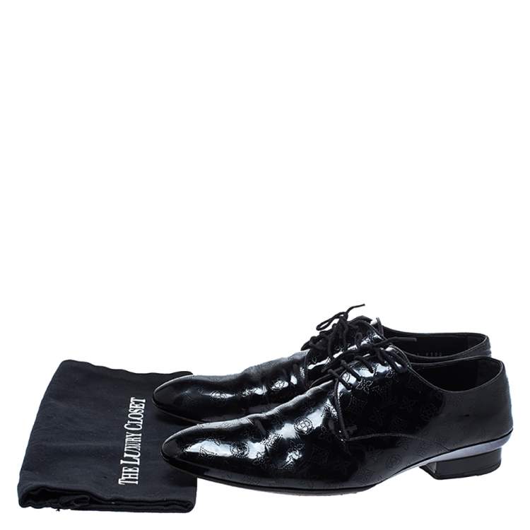 Pre Owned Louis Vuitton Black Perforated Monogram Patent Leather Lace Derby Size 43