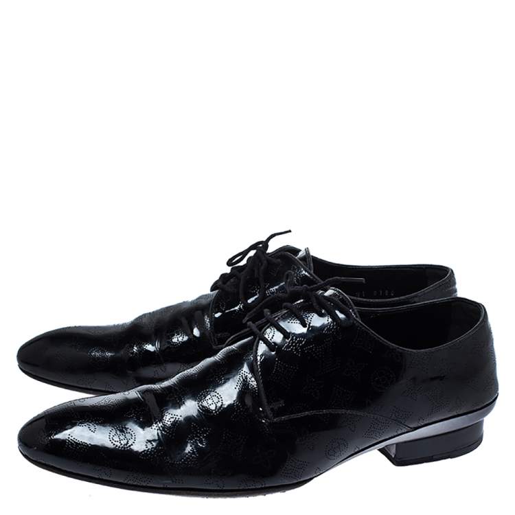 Pre Owned Louis Vuitton Black Perforated Monogram Patent Leather Lace Derby Size 43
