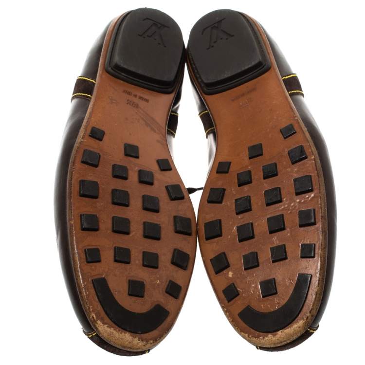 Pre Owned Louis Vuitton Brown Leather And Damier Ebene Suede Low Top Sneakers Size 44.5