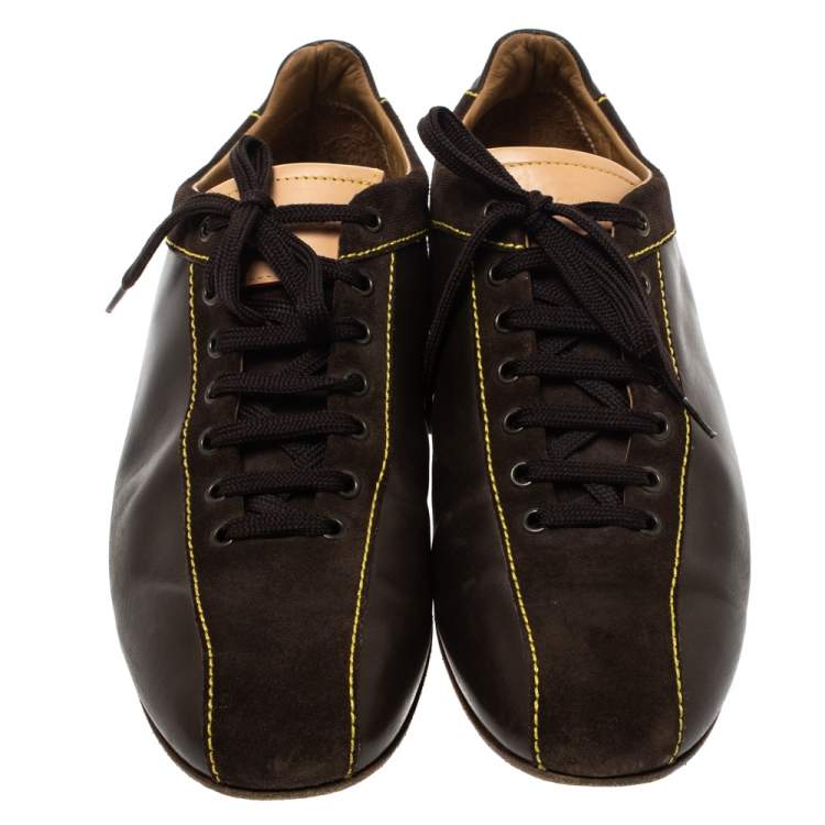 Pre Owned Louis Vuitton Brown Leather And Damier Ebene Suede Low Top Sneakers Size 44.5