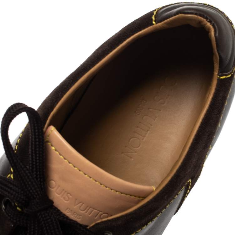 Pre Owned Louis Vuitton Brown Leather And Damier Ebene Suede Low Top Sneakers Size 44.5