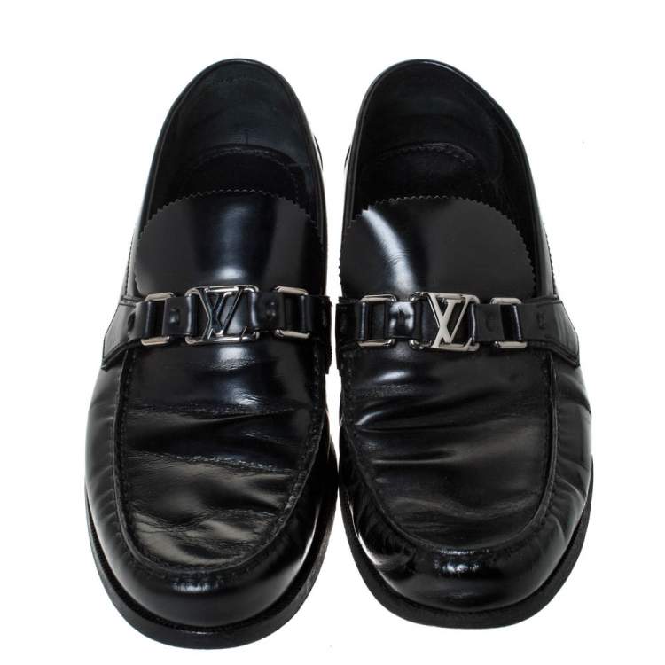 Pre Owned Louis Vuitton Black Leather Hockenheim Slip On Loafers Size 44