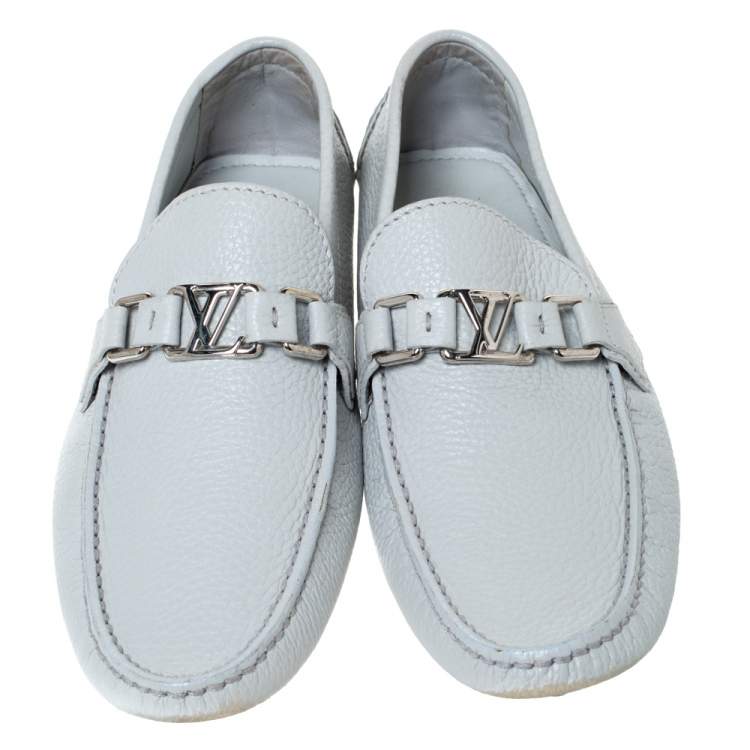 Pre Owned Louis Vuitton Grey Leather Hockenheim Logo Detail Slip On Loafers Size 41