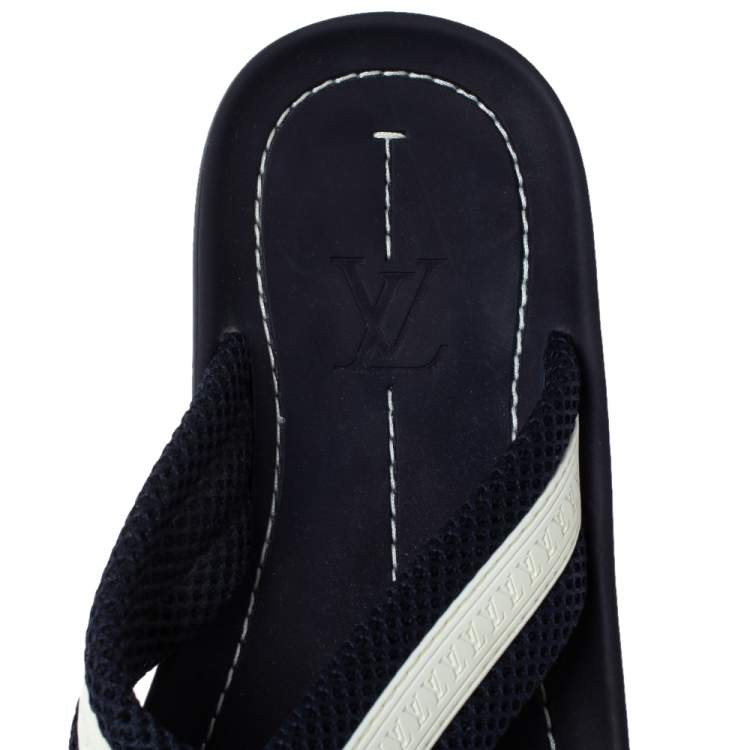 Pre Owned Louis Vuitton Blue/White Canvas And Rubber Trim Cross Strap Flat Slides Size 43