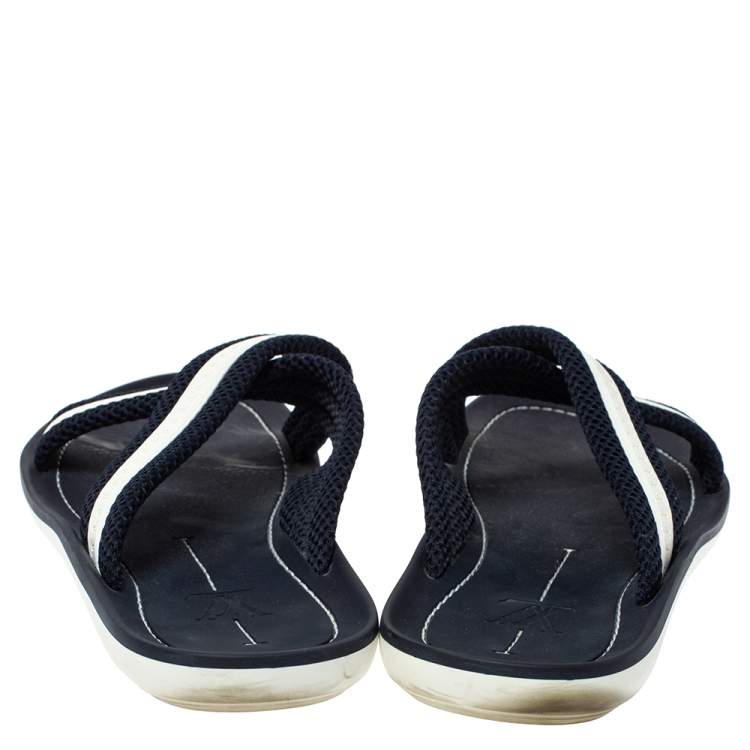 Pre Owned Louis Vuitton Blue/White Canvas And Rubber Trim Cross Strap Flat Slides Size 43