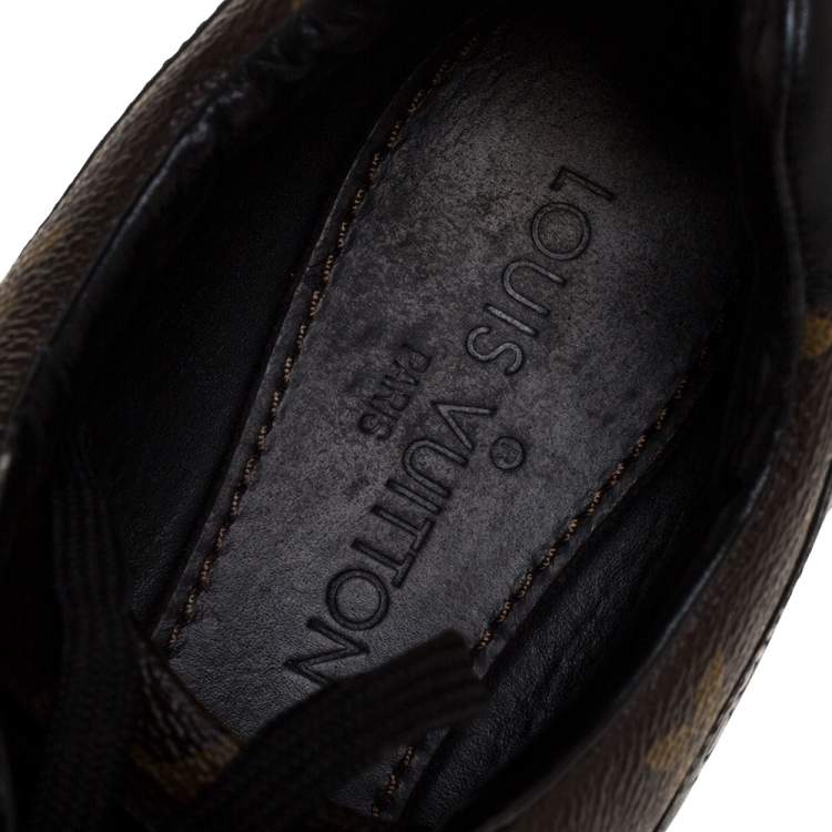 Pre Owned Louis Vuitton Brown/Black Leather And Monogram Canvas Globe Trotter Sneakers Size 40.5
