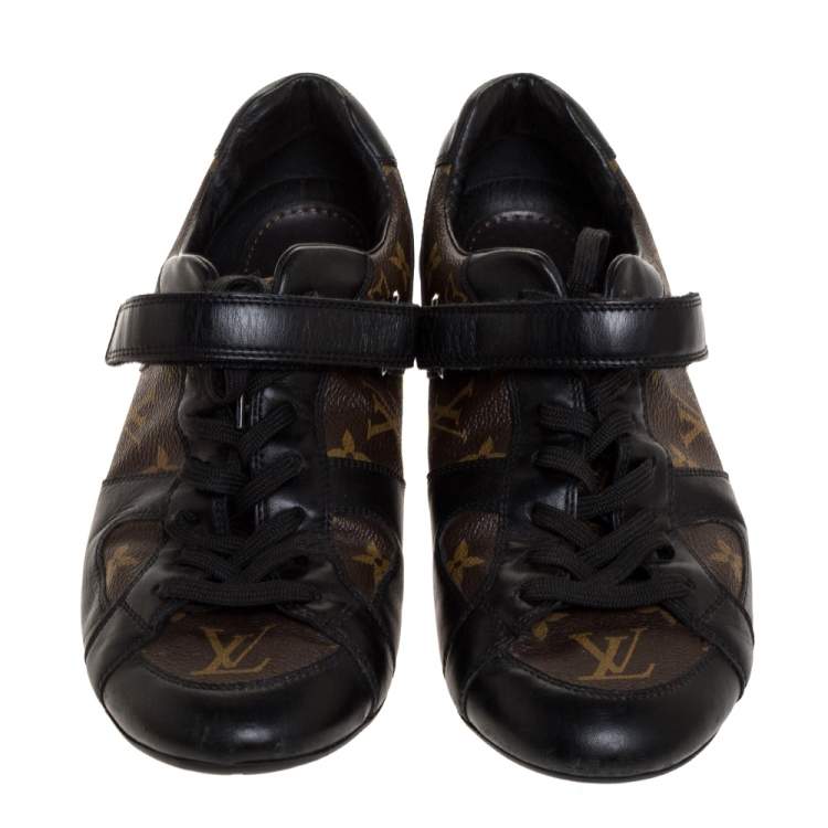 Pre Owned Louis Vuitton Brown/Black Leather And Monogram Canvas Globe Trotter Sneakers Size 40.5