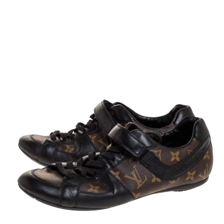 Pre Owned Louis Vuitton Brown/Black Leather And Monogram Canvas Globe Trotter Sneakers Size 40.5