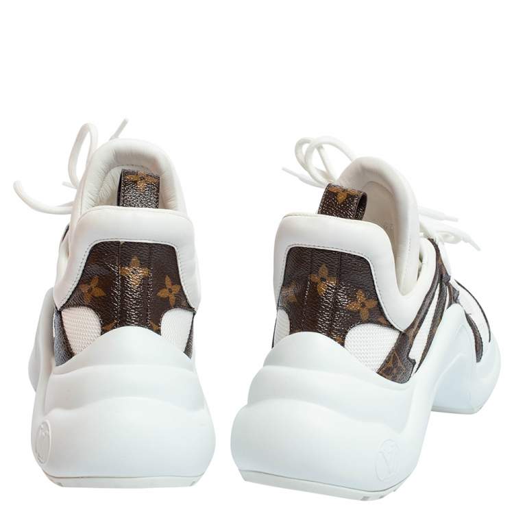 Pre Owned Louis Vuitton White Fabric And Monogram Canvas Archlight Lace Up Sneakers Size 39