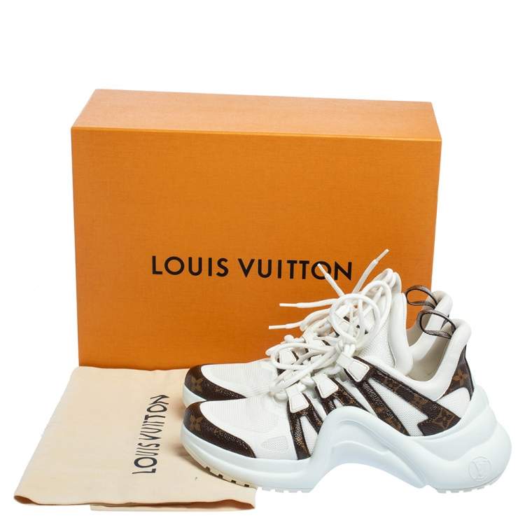 Pre Owned Louis Vuitton White Fabric And Monogram Canvas Archlight Lace Up Sneakers Size 39
