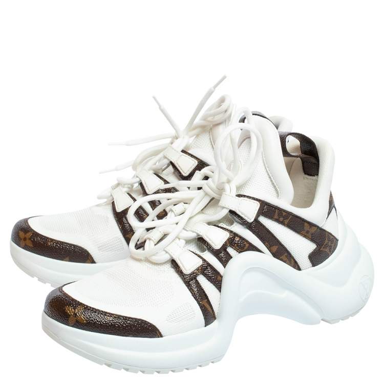 Pre Owned Louis Vuitton White Fabric And Monogram Canvas Archlight Lace Up Sneakers Size 39