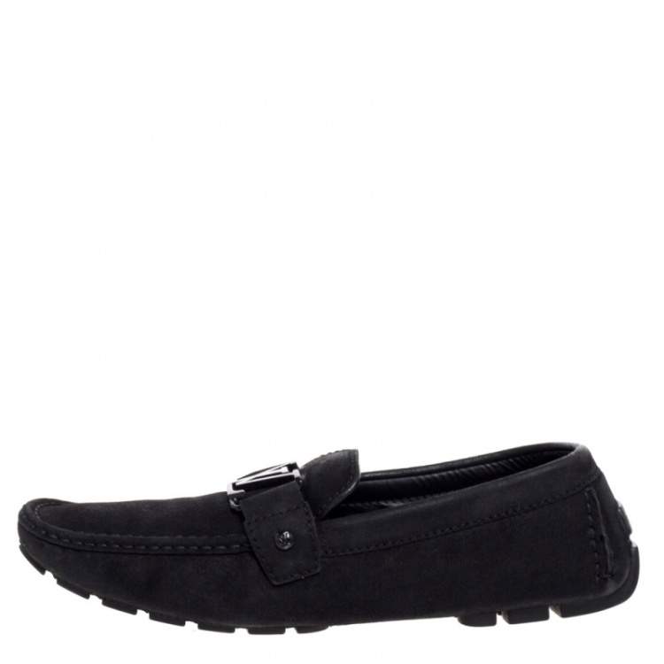 Pre Owned Louis Vuitton Black Suede Monte Carlo Slip On Loafers Size 43.5