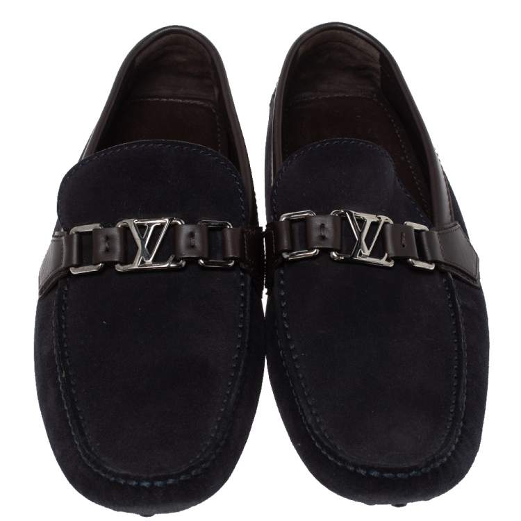 Pre Owned Louis Vuitton Blue/Brown Suede And Leather Hockenheim Slip On Loafers Size 41