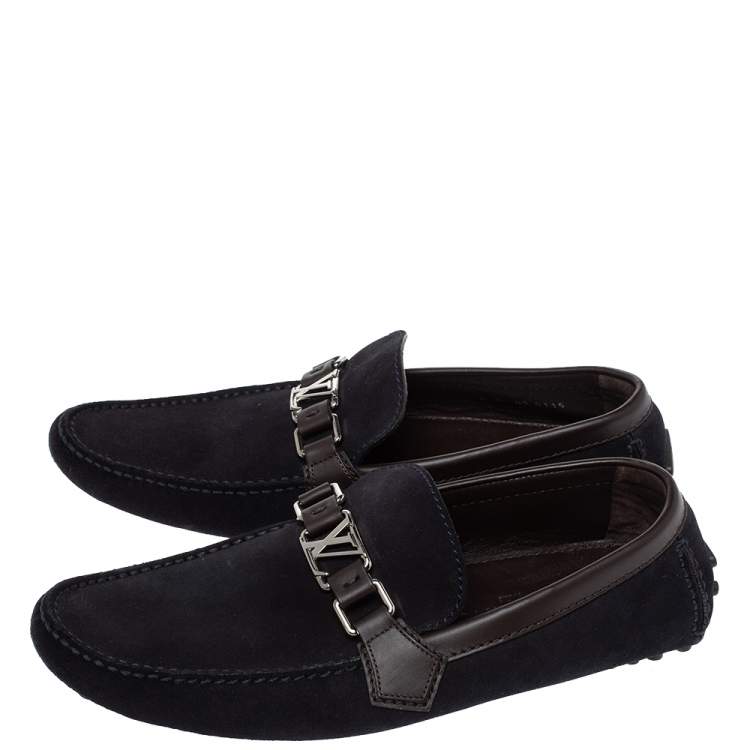 Pre Owned Louis Vuitton Blue/Brown Suede And Leather Hockenheim Slip On Loafers Size 41