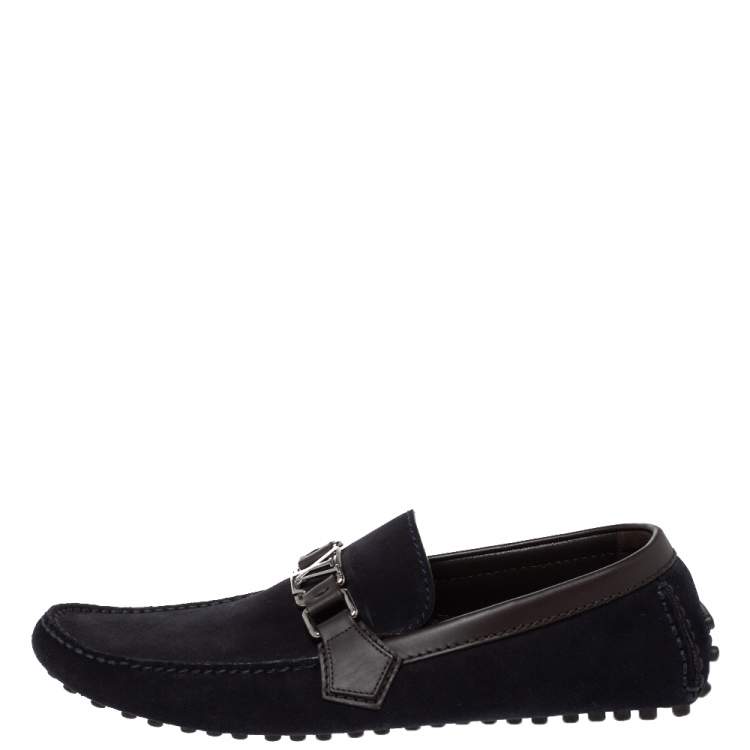 Pre Owned Louis Vuitton Blue/Brown Suede And Leather Hockenheim Slip On Loafers Size 41
