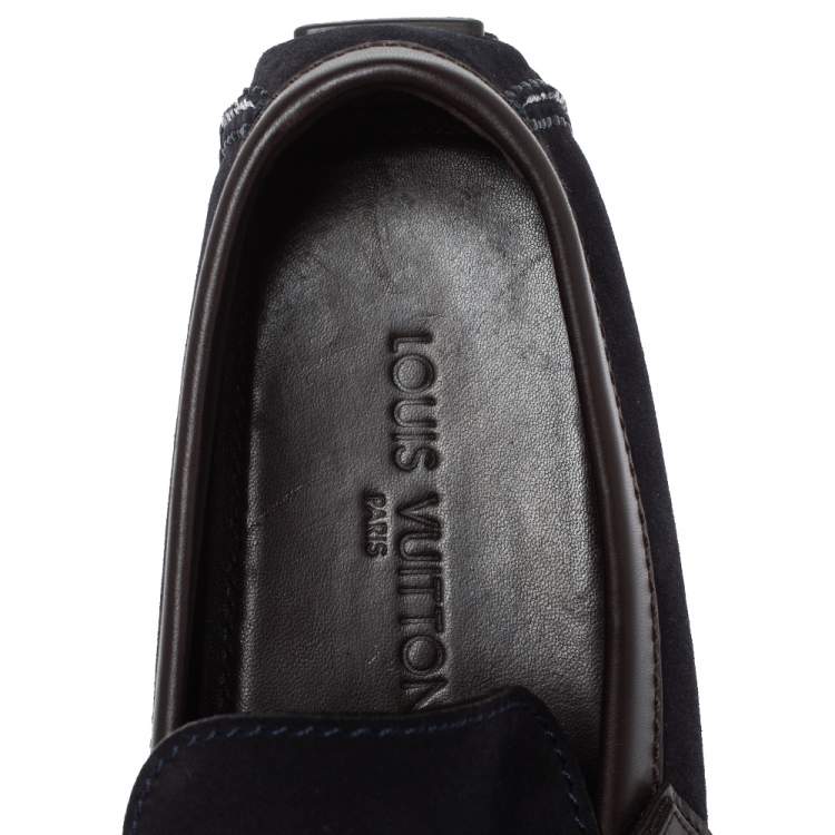 Pre Owned Louis Vuitton Blue/Brown Suede And Leather Hockenheim Slip On Loafers Size 41