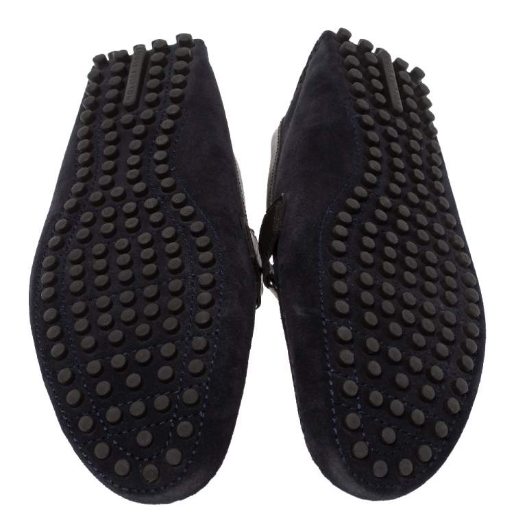 Pre Owned Louis Vuitton Blue/Brown Suede And Leather Hockenheim Slip On Loafers Size 41