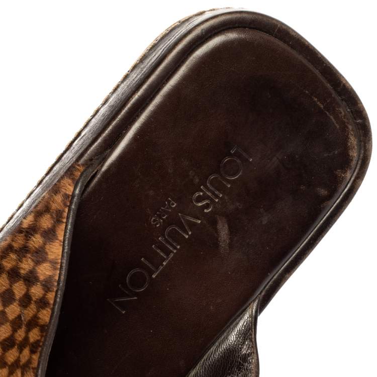 Pre Owned Louis Vuitton Brown/Beige Damier Pony Hair Slide Sandals Size 44
