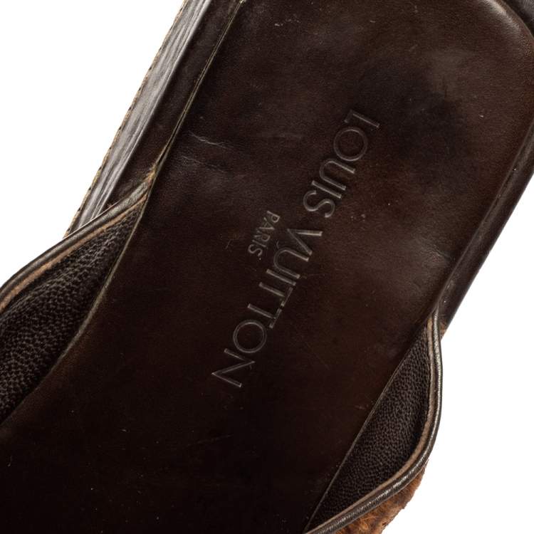 Pre Owned Louis Vuitton Brown/Beige Damier Pony Hair Slide Sandals Size 44
