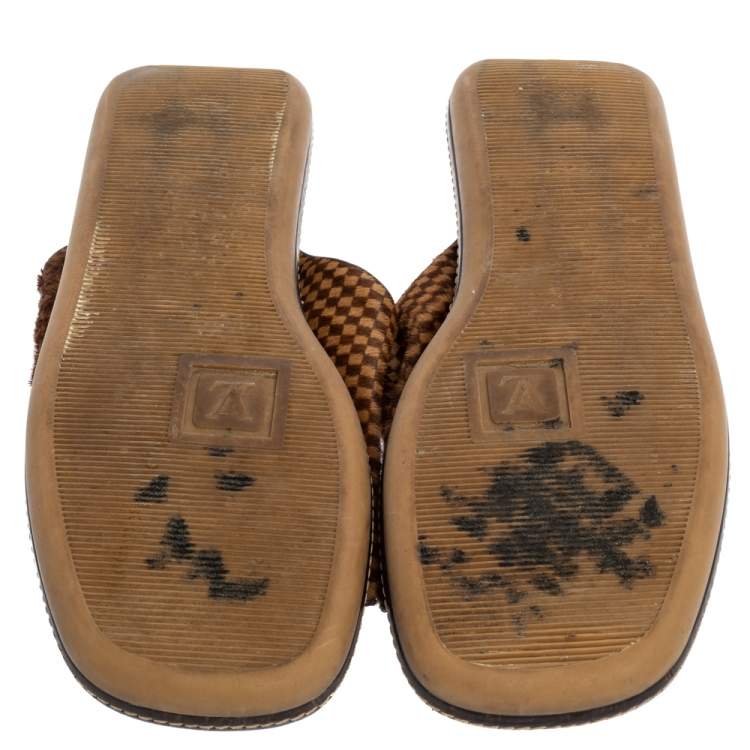 Pre Owned Louis Vuitton Brown/Beige Damier Pony Hair Slide Sandals Size 44