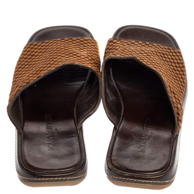Pre Owned Louis Vuitton Brown/Beige Damier Pony Hair Slide Sandals Size 44