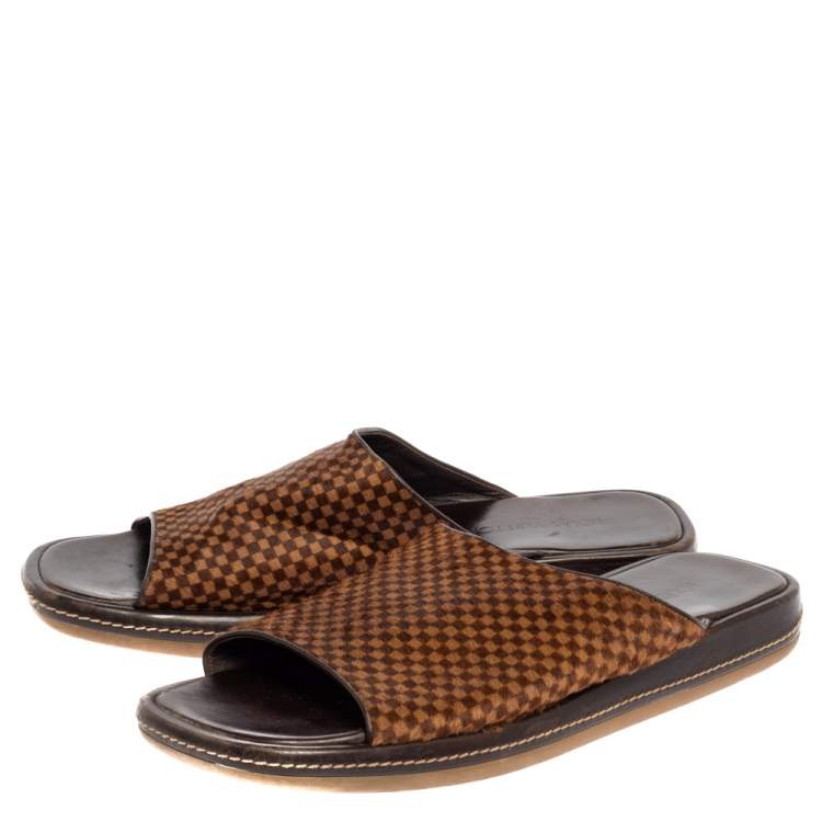 Pre Owned Louis Vuitton Brown/Beige Damier Pony Hair Slide Sandals Size 44