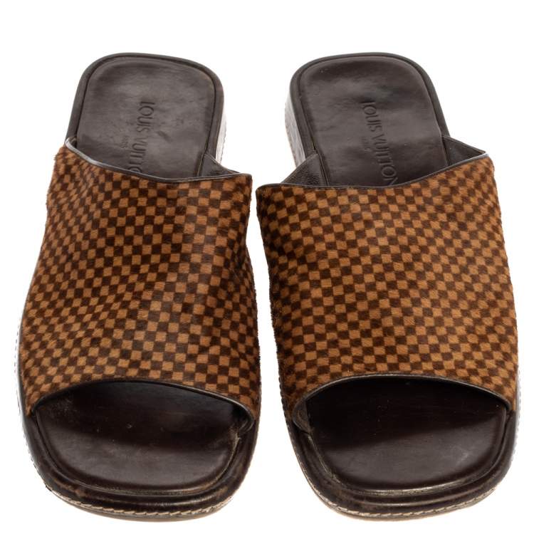 Pre Owned Louis Vuitton Brown/Beige Damier Pony Hair Slide Sandals Size 44