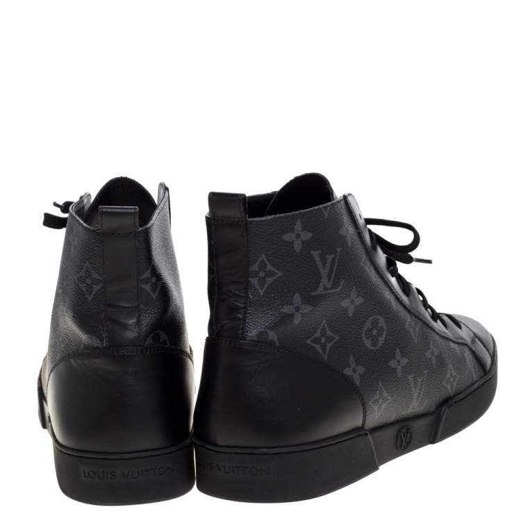 Pre Owned Louis Vuitton Black Leather and Monogram Eclipse Canvas Match Up High Top Sneakers Size 43.5