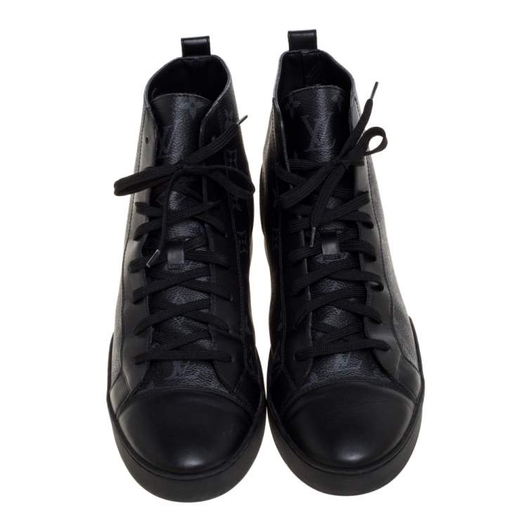 Pre Owned Louis Vuitton Black Leather and Monogram Eclipse Canvas Match Up High Top Sneakers Size 43.5