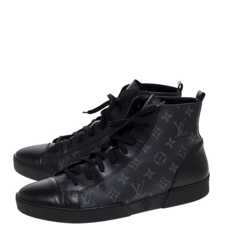 Pre Owned Louis Vuitton Black Leather and Monogram Eclipse Canvas Match Up High Top Sneakers Size 43.5