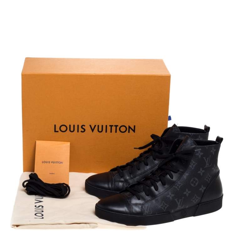 Pre Owned Louis Vuitton Black Leather and Monogram Eclipse Canvas Match Up High Top Sneakers Size 43.5
