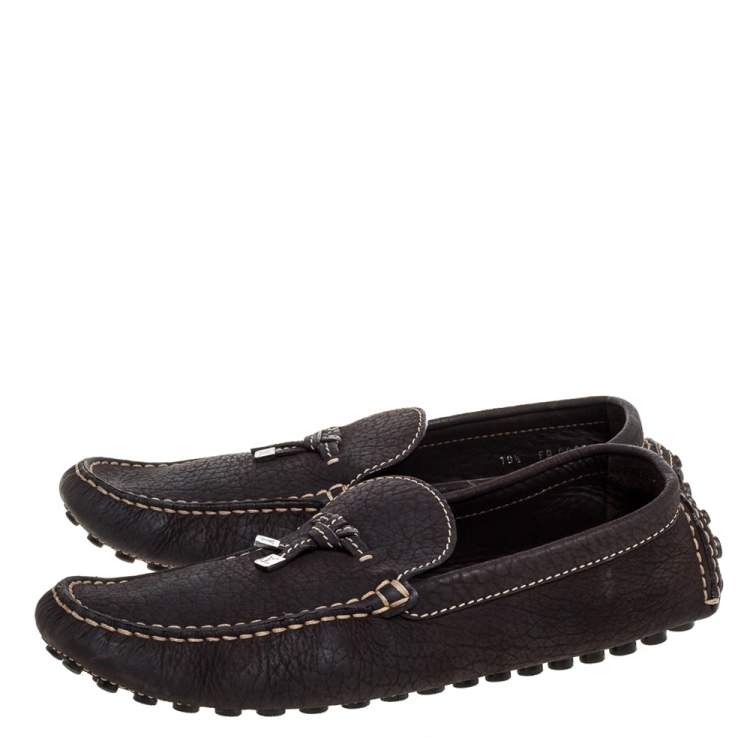 Pre Owned Louis Vuitton Dark Brown Textured Leather Bow Loafers Size 44.5