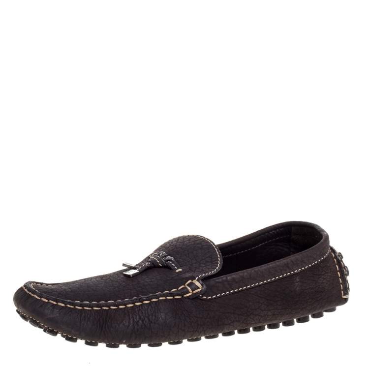 Pre Owned Louis Vuitton Dark Brown Textured Leather Bow Loafers Size 44.5