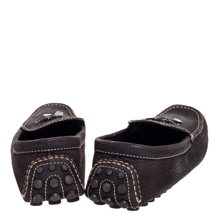 Pre Owned Louis Vuitton Dark Brown Textured Leather Bow Loafers Size 44.5