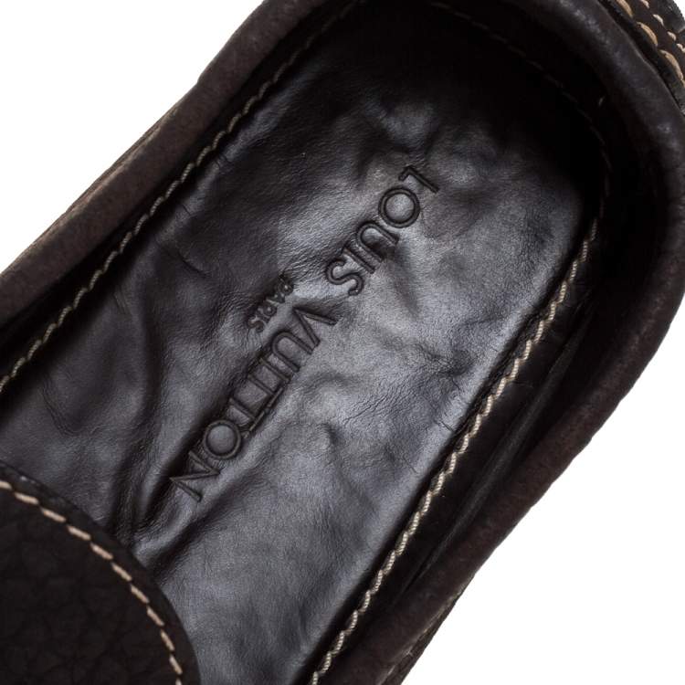 Pre Owned Louis Vuitton Dark Brown Textured Leather Bow Loafers Size 44.5