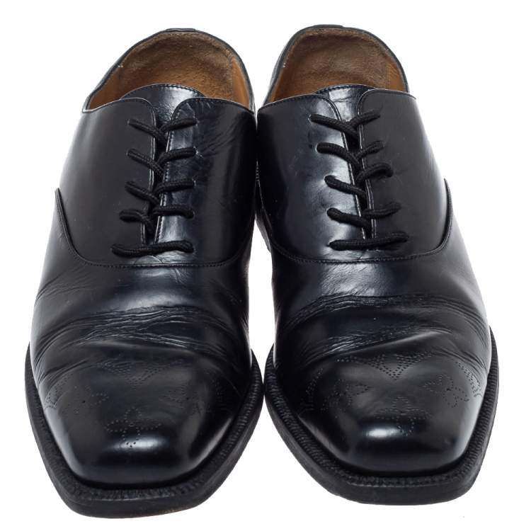 Pre Owned Louis Vuitton Black Leather Wing Tips Lace Up Oxford Size 43