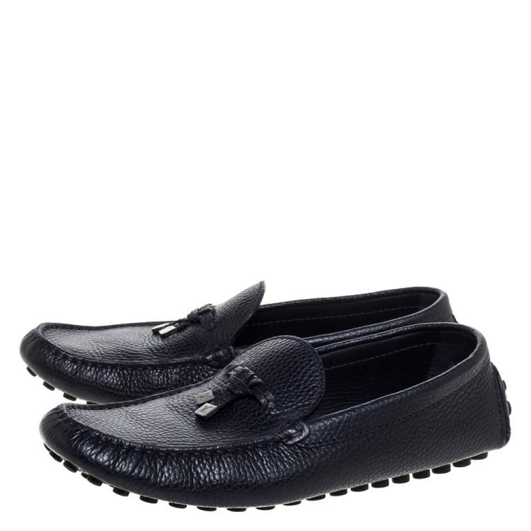 Pre Owned Louis Vuitton Blue Grained Leather Bow Loafers Size 43